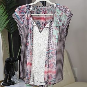 Daniel Rainn Sheer Print Tunic Blouse W/ Lace